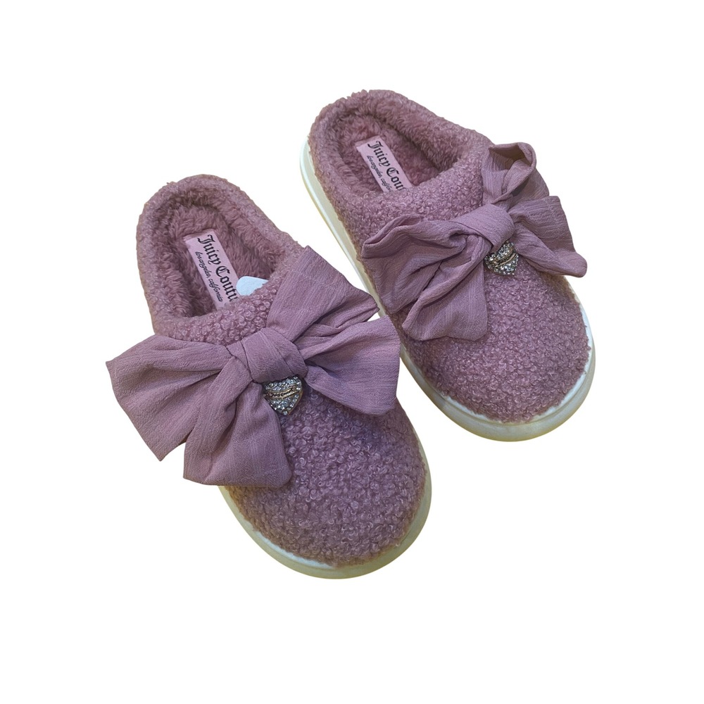 Juicy Couture Chou Lilac Faux Shearling Bow Slippers Heart Charm Womens Medium
